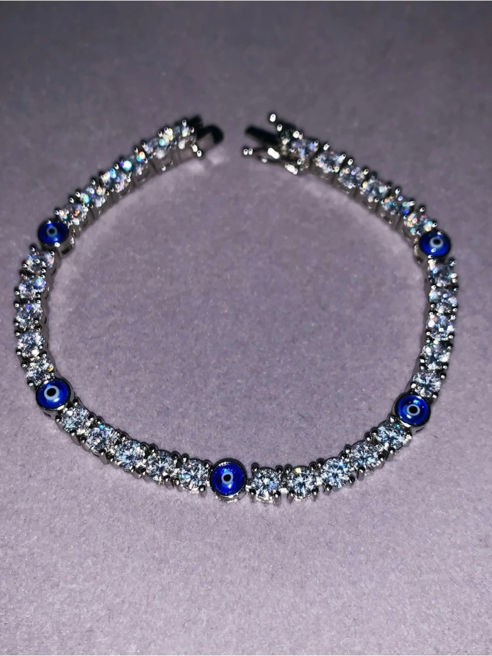 Silver Crystal Tennis Bracelet with Blue Evil Eye Accents 8inch